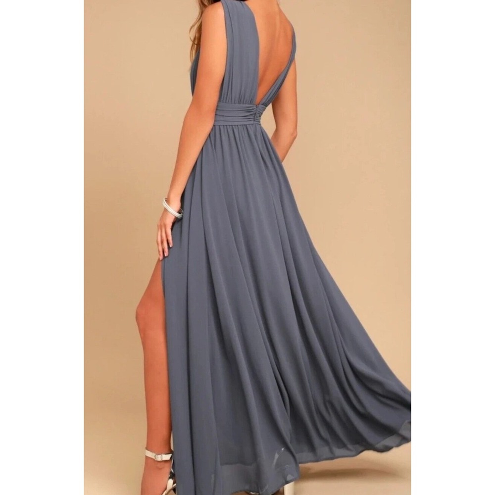 NWT Lulus Heavenly Hues Dusty Blue Maxi Dress Pleated V-Neck Gown‎ Womens Sz S - Picture 2 of 6